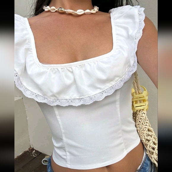 Women's Spring/Summer Casual Daily Versatile Solid Color Lace Patchwork Ruffle - Picture 3 of 4